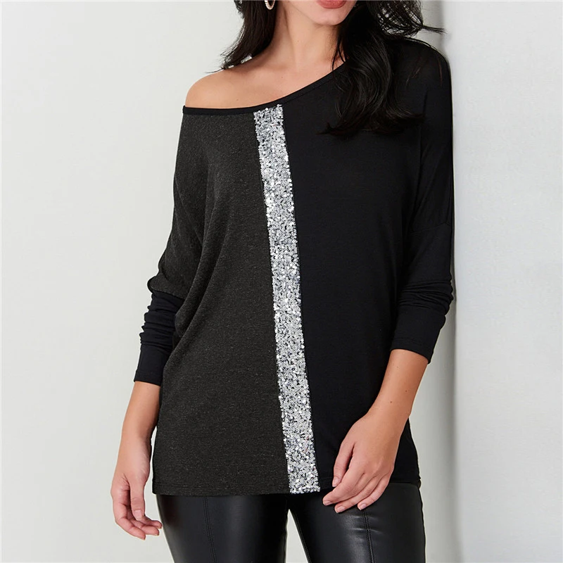

Rogi Fashion Sequined T Shirt Women 2019 Casual Color Block Patchwork Basic Shirts Ladies Autumn Long Sleeve O-Neck Tops Blusas