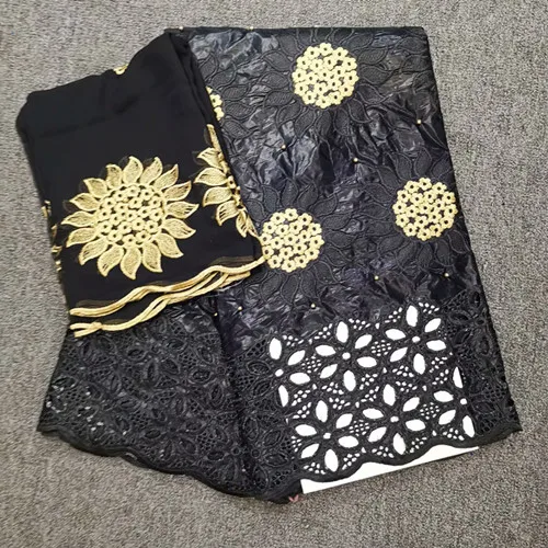 

(5+2 yards /set) beautiful elegant black African bazin lace fabric with embroidery plus French net lace for party dress A32-376