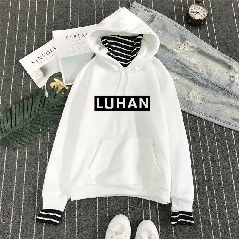 Kpop exo harajuku свободный вельветовый пуловер с капюшоном и воротником в полоску
