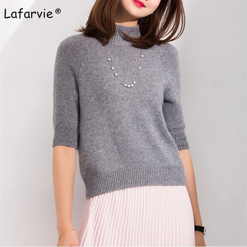 Lafarvie New Slim Knitted Sweater Women Pullover Half-sleeved Turtleneck Solid Color Cashmere Sweater Knitting Bottoming Shirt