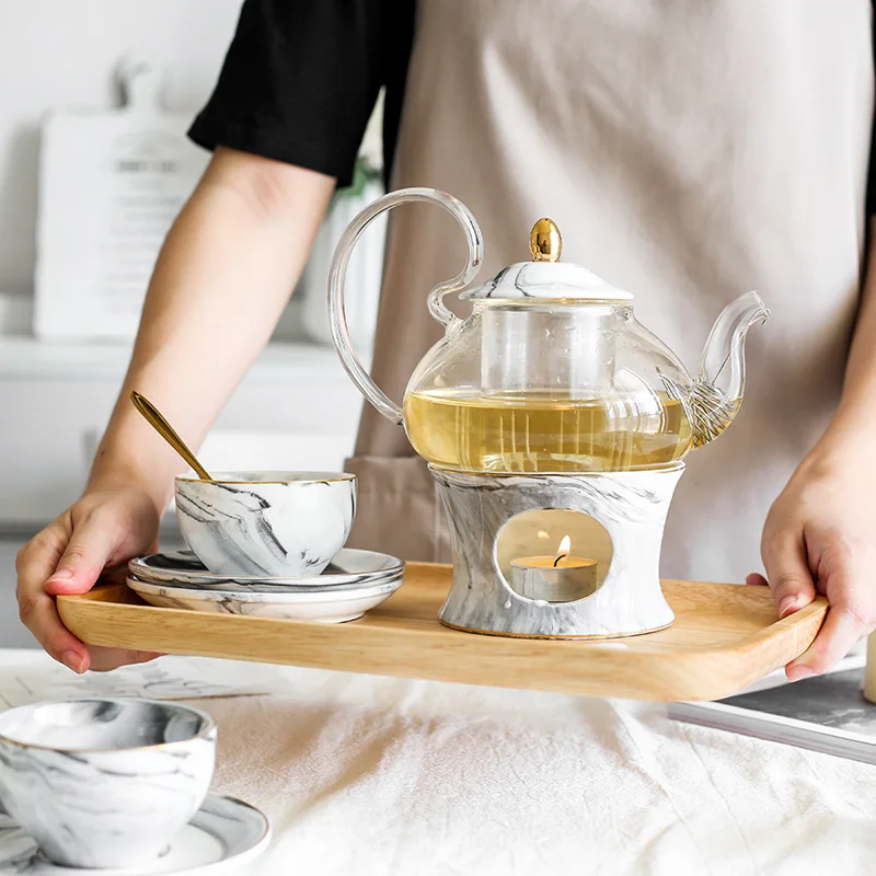 Креативный стиль мраморный керамический стеклянный цветочный чайник Набор послеобеденного чая набор травяной чай чашка с свечей нагревательная база
