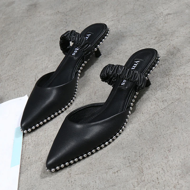 

Fashion Sexy Genuine Leather Women sandals Metal Decoration With Rivet Cow Suede Pointed Toe Thin Heels With Low Height Outdoor