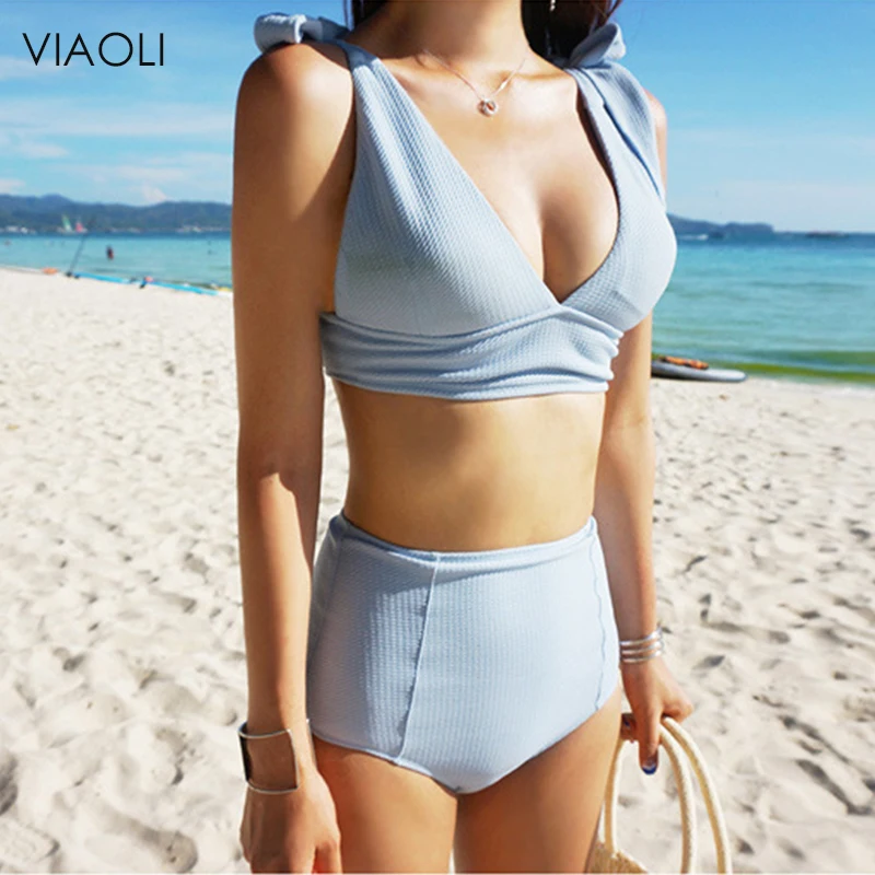 Blue Gray High Waist Bikini 2018 New Korean Version Push Up Slim Swimwear Women's Swimming Suit Swimsuit Bathing Suit Girl Beach