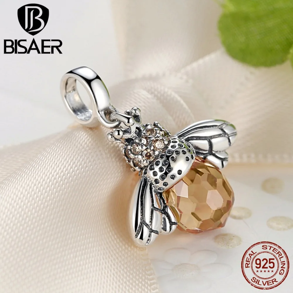 Hot Sale Real 925 Sterling Silver Orange Dancing Bee Pendants Fit BISAER Bracelet Necklace for Women Wedding Accessories ECC035 Hot Sale Real 925 Sterling Silver Orange Dancing Bee Pendants Fit BISAER Bracelet Necklace for Women Wedding Accessories ECC035
