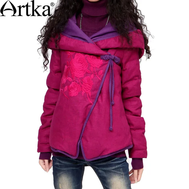 Best price at $121 Cheap Artka Women'S Winter Warm Purple Hooded Collar Full Sleeve Short Jacket Embroidery Cotton Padded Coat MA10531D