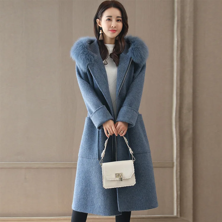 Winter Women Woolen Coat Outerwear Female Medium-long Hooded Trench Big Fur Collar Casual Casaco Feminino Female Jacket - Цвет: Синий