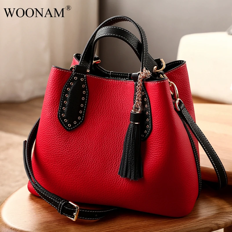 WOONAM New Women Fashion Full Grain Genuine Togo Calf Leather Medium Tassels Shopper Tote ...