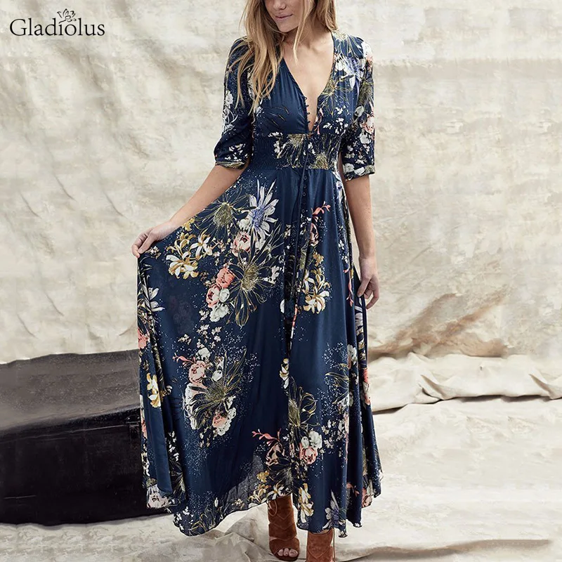 

Gladiolus 2019 Spring Summer Dress Women 3/4 Sleeve V Neck Sexy Floral Print Button Boho Maxi Dresses For Women Long Beach Dress