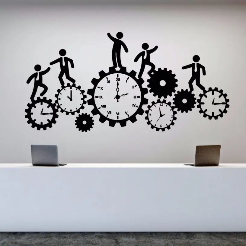 

Vinyl Wall Decal Removable Team Work Business Clock Sticker Office Decor Art Business Clock Gear Time Stickers Wall Decor AY421