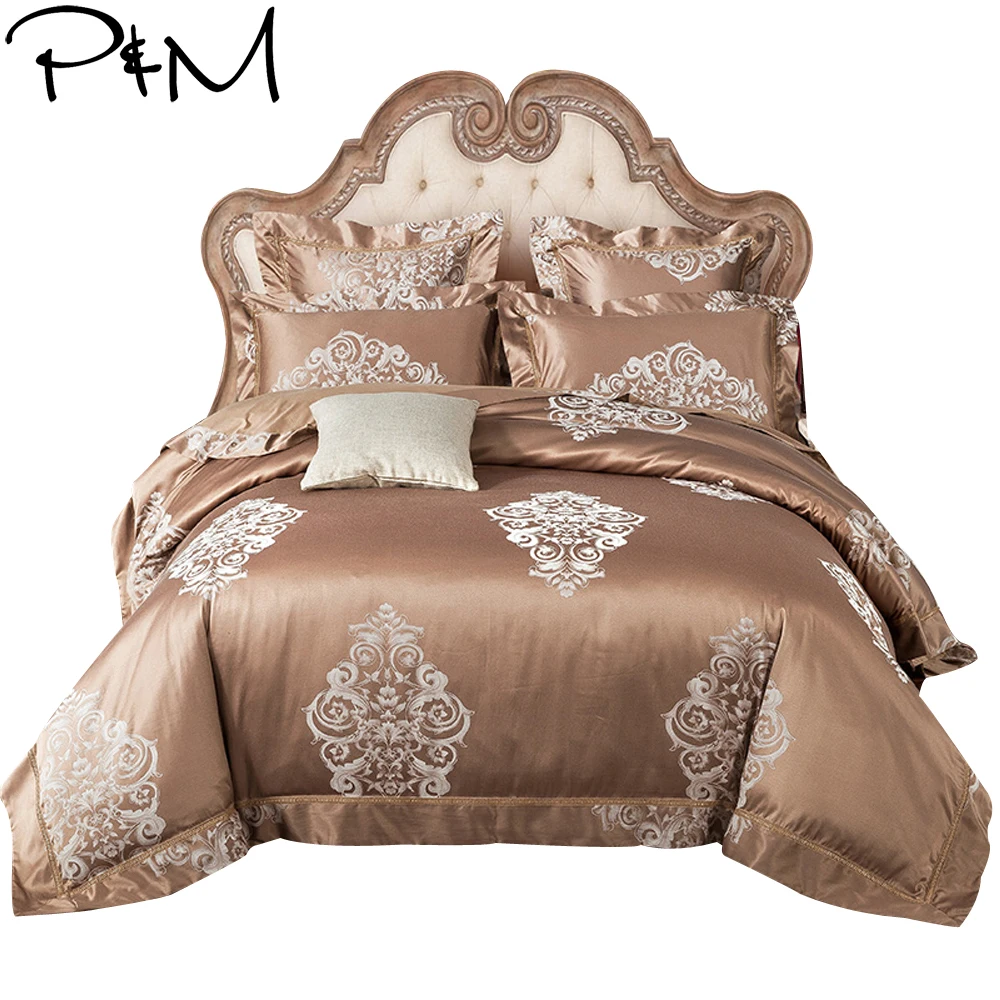 

Papa&Mima Brown Print 4Pcs Queen King Size Bedding Sets Silk Cotton Fabric Jacquard Technics Flat Sheet Set Bedlinens
