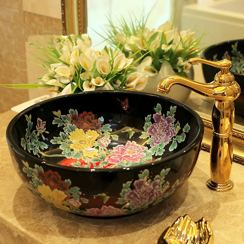 Europe Vintage Style Lavobo Ceramic Washing Basin Counter top Bathroom Sink hand painted vessel sinks Peony painting black (9)