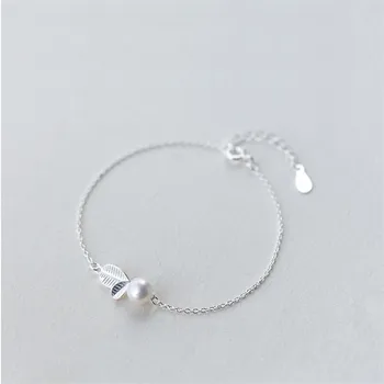 

925 Sterling Silver Fashion Women Jewelry Bud Leaf With Pearl Charm Bracelet For Girl Fine Jewelry Pulseira Romantic Gift BS019