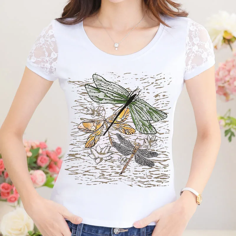 XXXL в виде алмазной Стрекозы с Camisetas Mujer 2019 летняя Стразы футболка Для женщин
