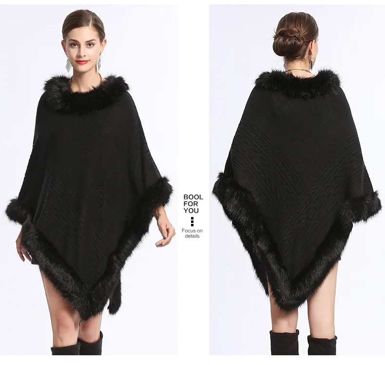 Осень зима женский черный искусственный кашемир размера плюс треугольная шаль-свитер Вязаное пончо накидка искусственный мех свободные пуловеры