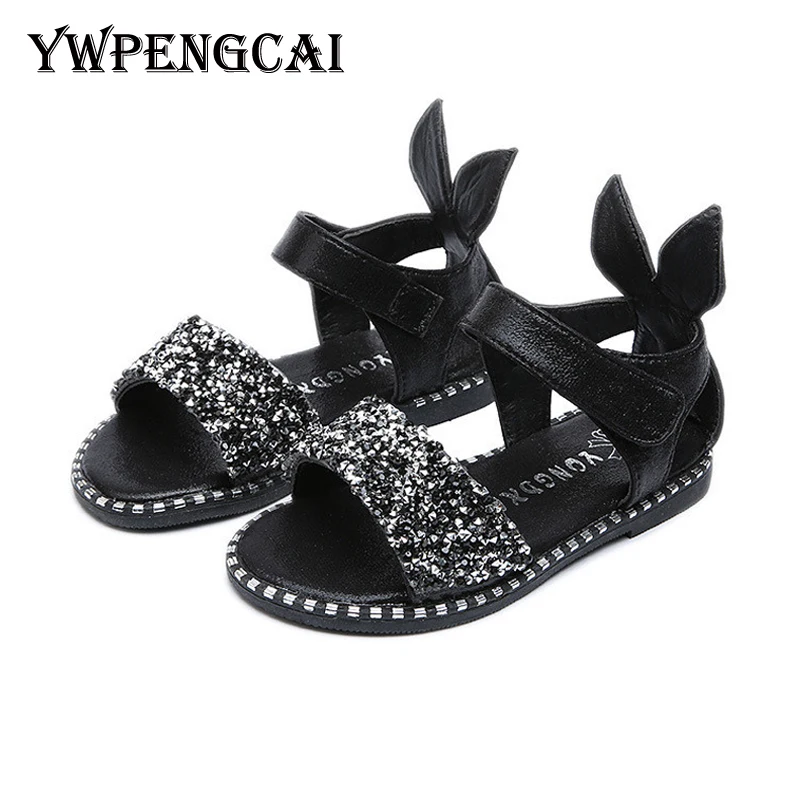 

2019 Summer Kids Bling Rhinestone Sandals for Girls Cute Animal Ear Baby Toddler Girl Sandals Black Silver Pink Girls Sandals