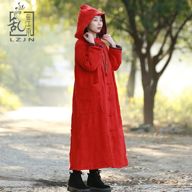 

LZJN Long Padded Coat 2019 Autumn Winter Jacket Hooded Women Outerwear Chinese Parka Full Sleeve Trenchcoat Femme Big Pockets