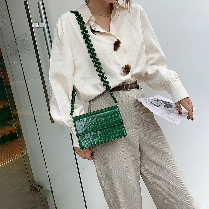 Сумка на плечо с цепочкой из бисера и крокодиловым узором, женская новая Корейская сумка-мессенджер с зеленым камнем, модная маленькая квадратная женская сумка