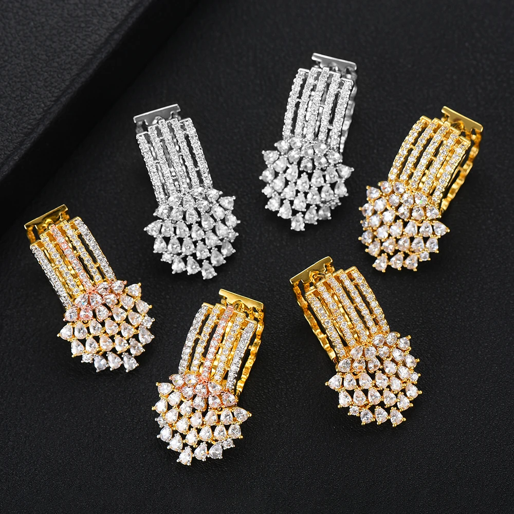 GODKI Exclusive Tassel Hoop Earring For Women Wedding Popular 3Tone Geometry Full Mirco Cubic Zircon Nigerian Hoop Earrings