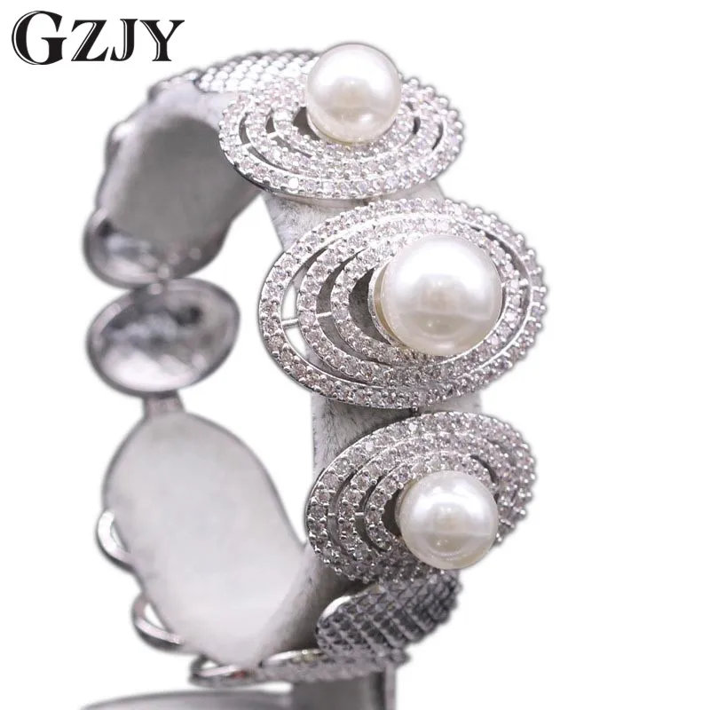 

GZJY Fashion Jewelry Gorgeous Gold Color Clear AAA Zircon With Created Pearl Bracelet Bangle For Women Wedding Party Jewelry