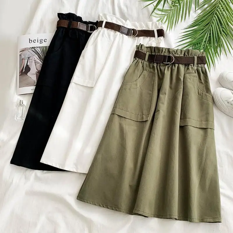 Для женщин ремень с бантом Миди-юбки со сборкой на талии юбка Faldas Mujer однотонные эластичный пояс, карманы женские Повседневное Армейский зеленый юбка T148