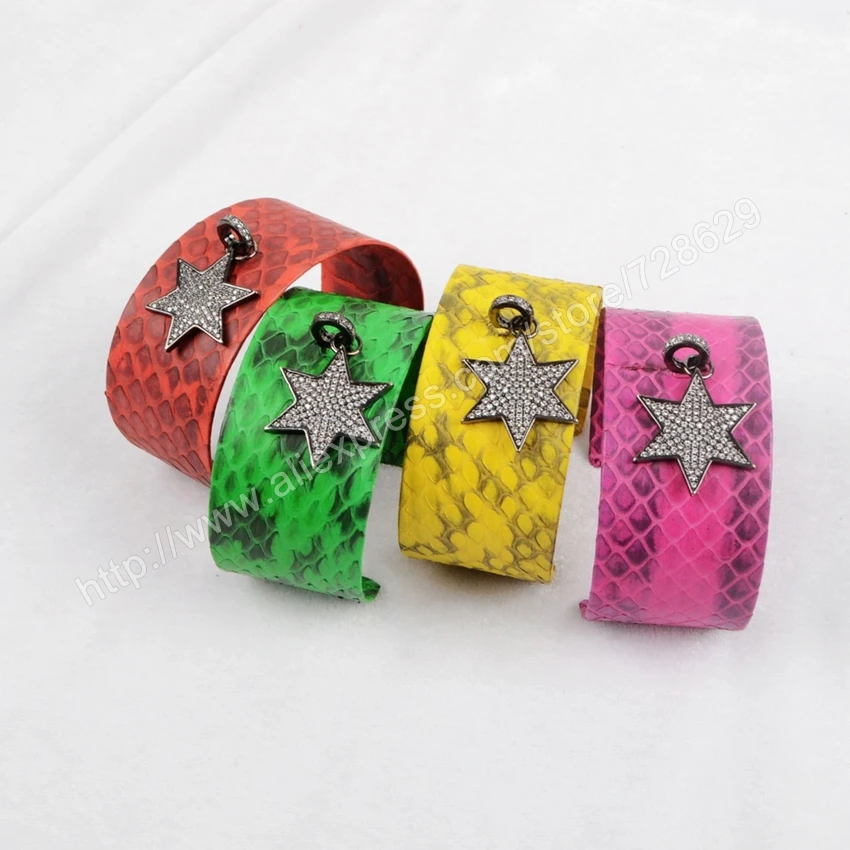 BOROSA Snake Skin Rhinestone Pave Black North Star Cuff Bracelet Real