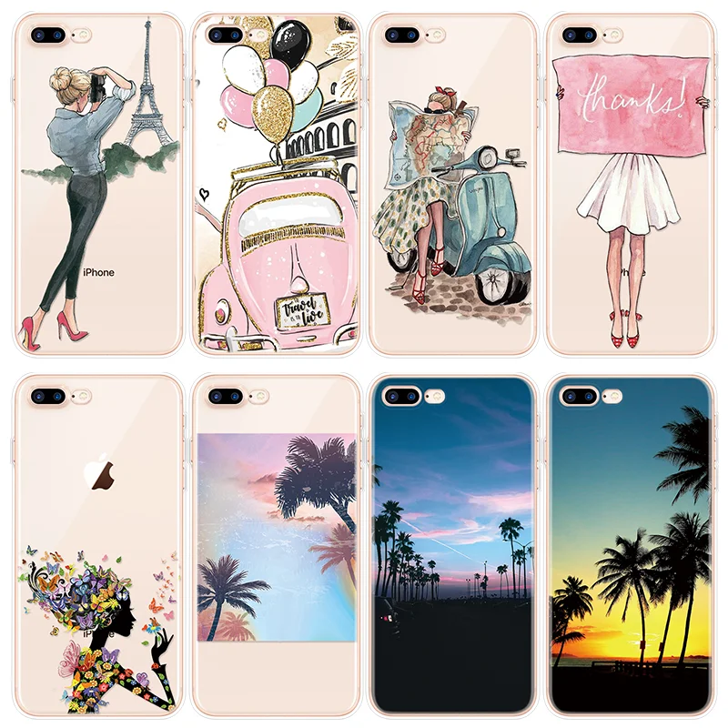 

Landscapes Fundas For iPhone 6 7 4 4S 5 5S 5C SE 6S 8 Plus Traveling Girls Pattern Transparent Cover For iPhone XR X XS Max Case