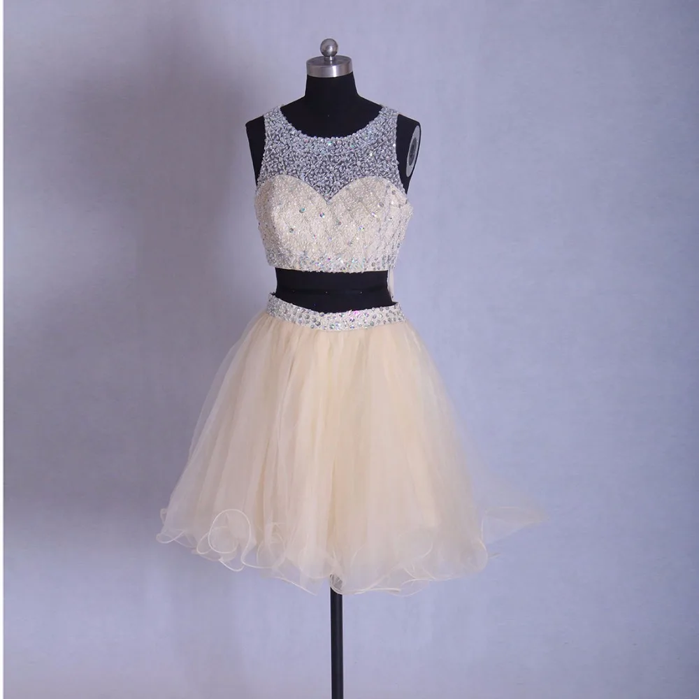 

Champagne Puffy Two Piece Crop Top Short/Mini Prom Gown Cocktail Party Dress Beads Pearl Homecoming Dresses vestido festa curto