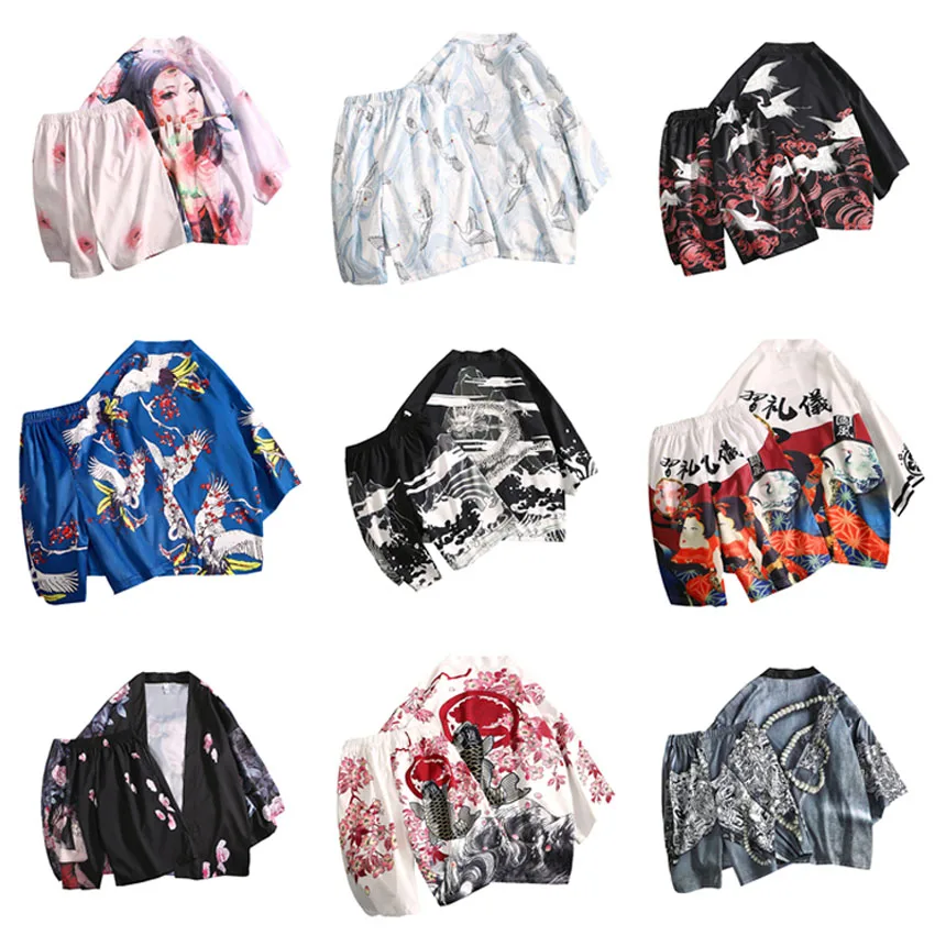 

2PCs Woman Man Japanese Style Harajuku Haori+shorts Kimono Set Ukiyo-e 3D Print Loose Thin Cardigan Coat Couple's Clothing