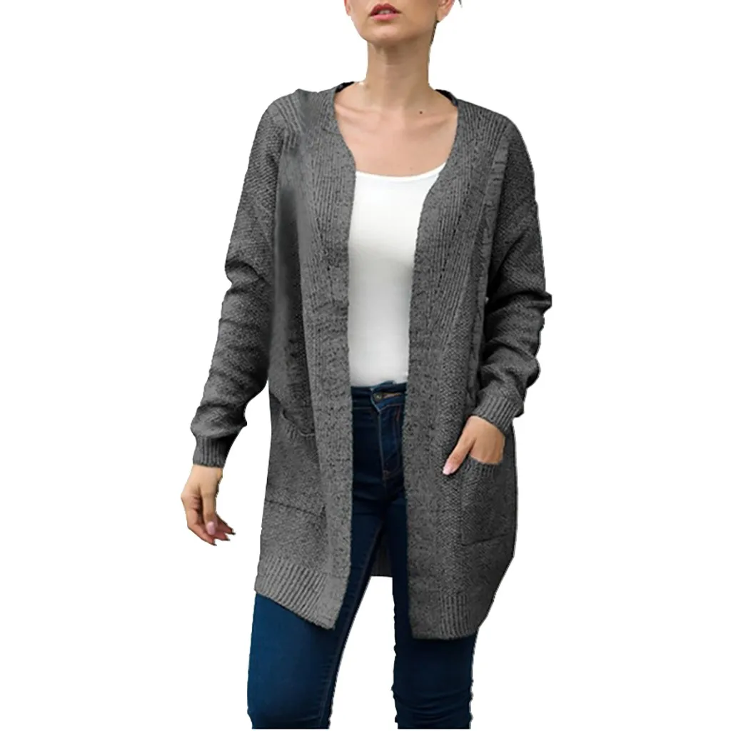 Dark Gray Вязаный женский кардиган, Женский однотонный вязаный свитер с длинными рукавами и карманами, накидка, кардиган^ 40 - Цвет: Dark Gray