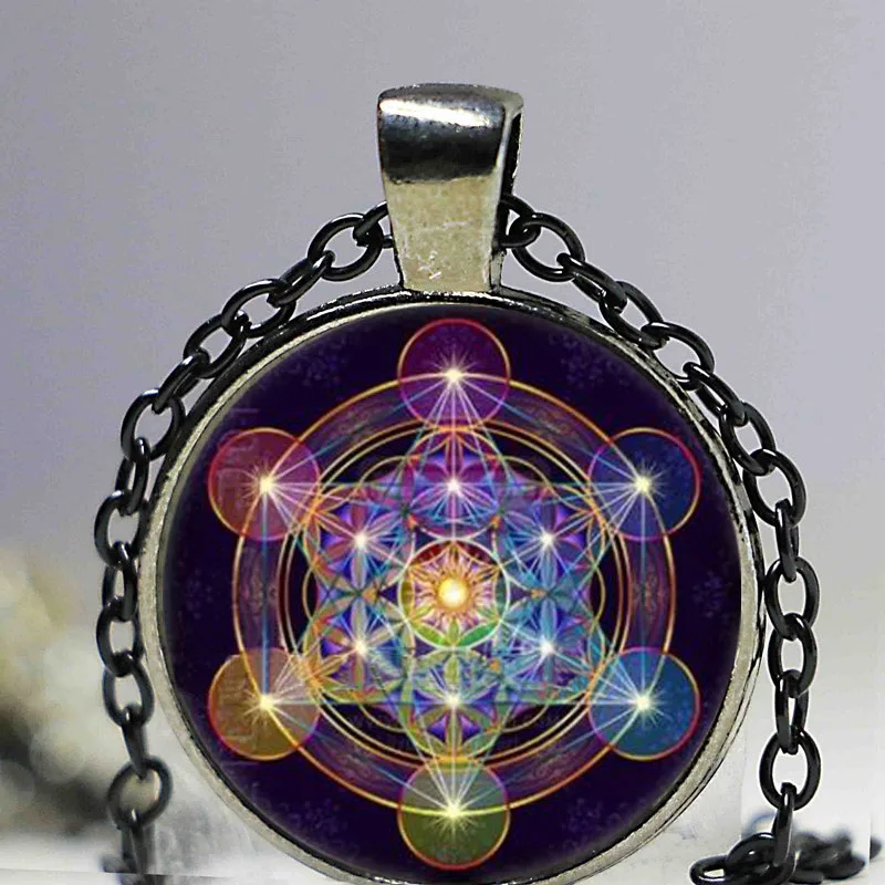 OM Metatron Cube Photo cabochon verre Tibet Argent Chaîne Collier Pendentif