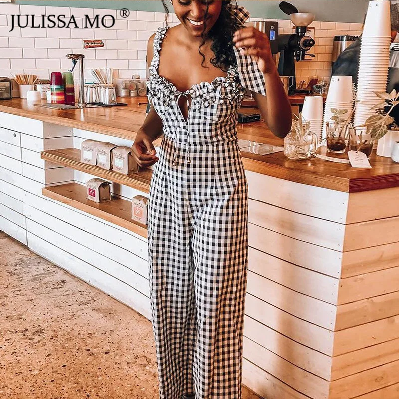 

JULISSA MO Casual Plaid Print Jumpsuit 2019 Summer Sexy Strap Bandage Jumpsuit Elegant Belted Ruffle Trim Wide Leg Jumpsuits