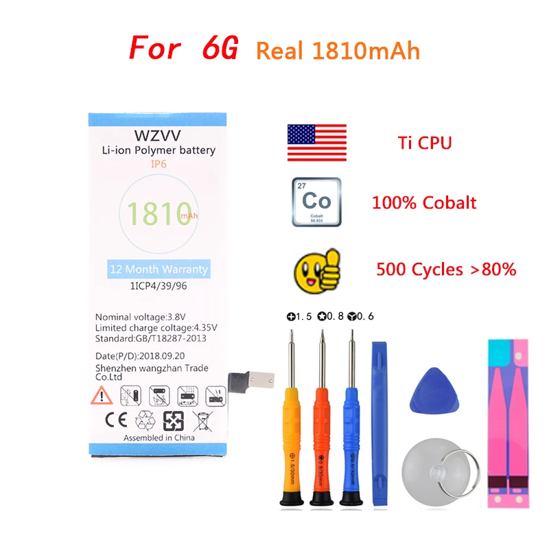 

wzvv 100% Cobalt Cell Battery For iphone 6 6G Real Capacity 1810mAh Batteries work with IOS 11.4/12 +Sticker+Tool