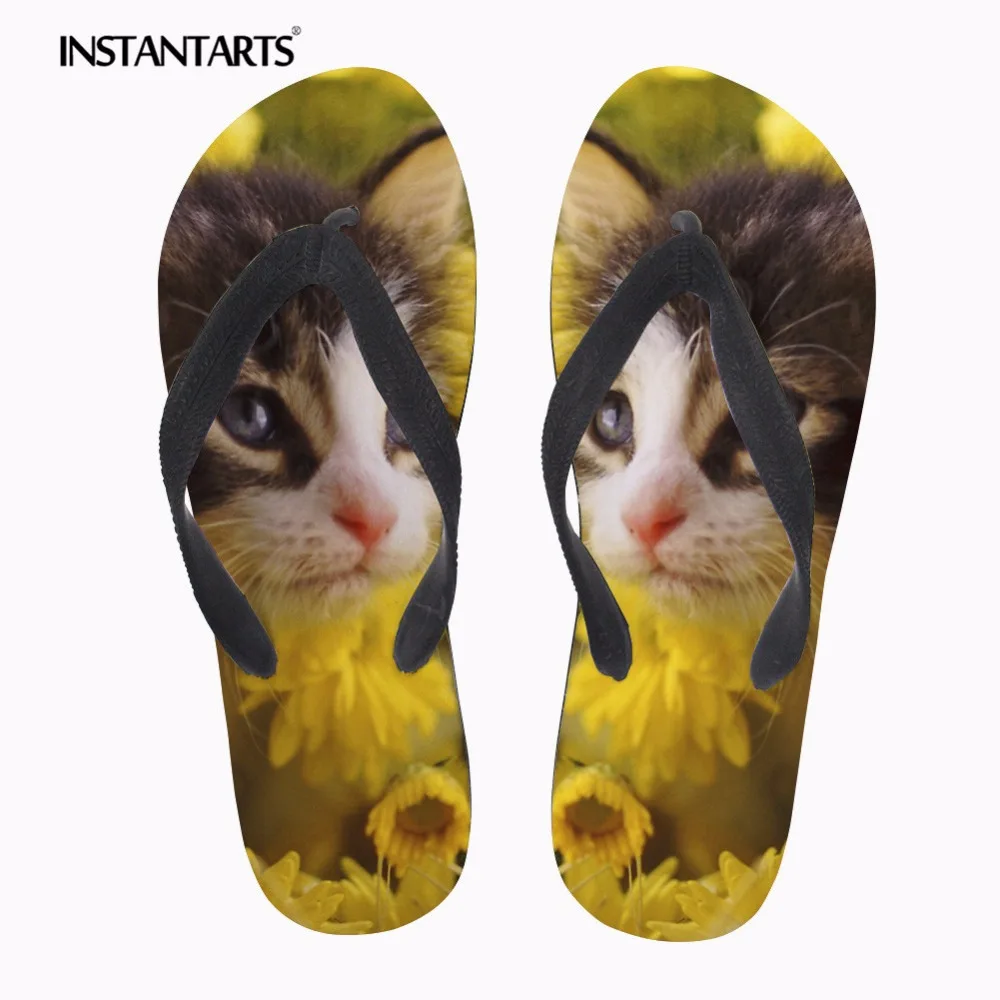 

INSTANTARTS Youth Girl Summer Home Slippers Cute Pet Cat Floral Print Women Casual Outside Beach Water Flip Flops Soft Zapatilla