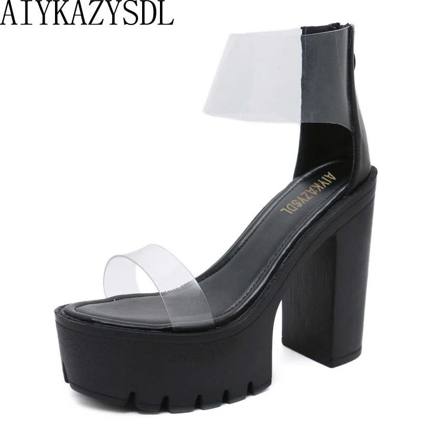 

AIYKAZYSDL Women Clear Transparent Ankle Strap Sandals Thick Heels Open Toe Summer Shoes Platform Wedge Ultra Very High Heel