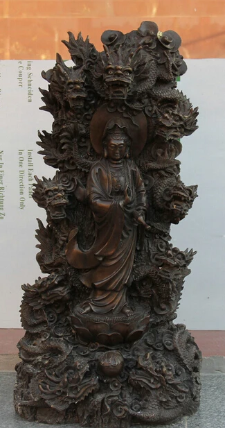 

JP S0524 24" Chinese Bronze Stand Nine Dragon Kwan-yin Guan Yin Boddhisattva Vase Statue Discount 35%