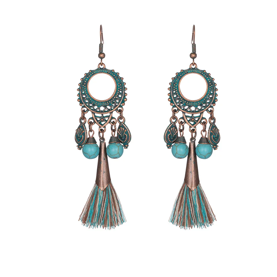

Ruberthen 2018 New Retro National Design Earrings Women`s Individual Bohemia Style Earrings Tassel Alloy Stone Jewelry