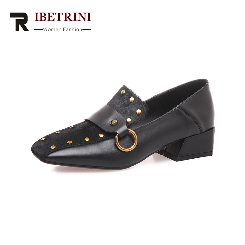 

RIBETRINI 2018 Spring Autumn Brand Genuine Leather Pumps Rivet Fashion Buckle Shoes Woman Shallow slip-on Women Date Shoe