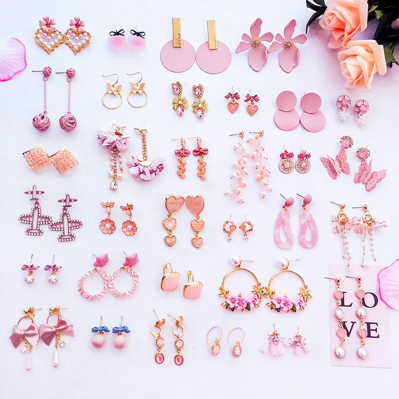 

2018 Simple Korean Girl Cute Heart Pink Earrings Princess Bow Drop Earrings Wholesale for Women Fashion Jewelry Accessories