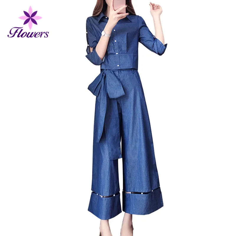 2018 Spring Summer New Casual Denim Suit Women Plus Size Loose Short Tops High Waist Wide Leg