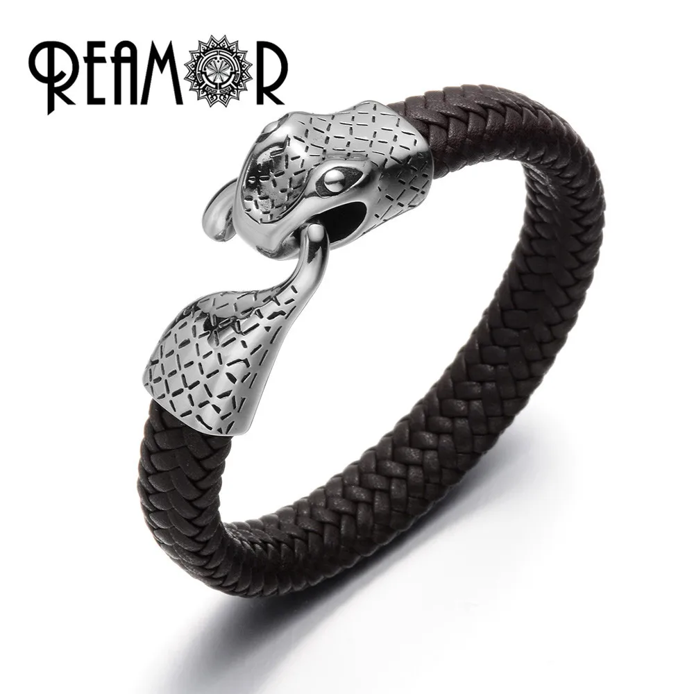 

REAMOR Luxury 316L Stainless Steel Snake Head Clasp Cuff Bracelets Bangles Super Fiber PU Leather Men Bracelets Male Jewelry