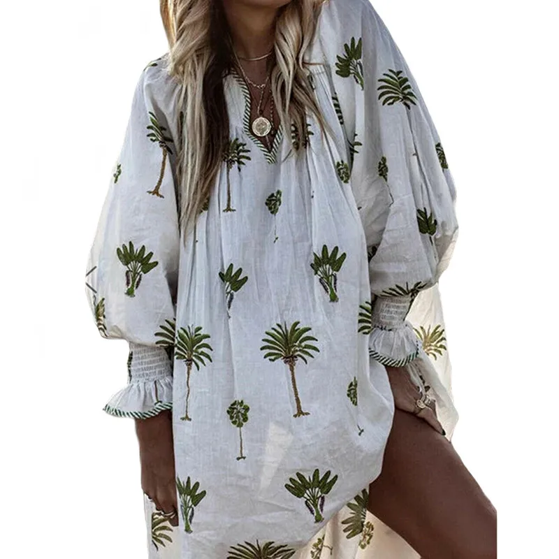 

Bikinis swimwear Print Brazilian beach style sundress Summer women long sleeve Cover up sunscreen Baggy Tops Holiday bathing XXL