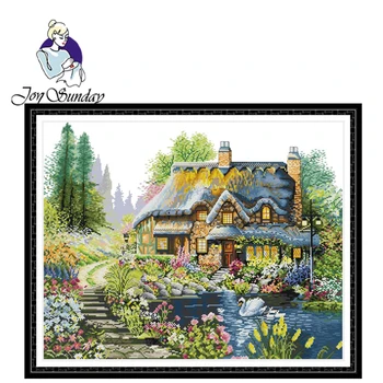 

Joy Sunday,Villa in the forest,cross stitch embroidery set,printing cloth embroidery kit,needlework,Scenery pattern cross stitch