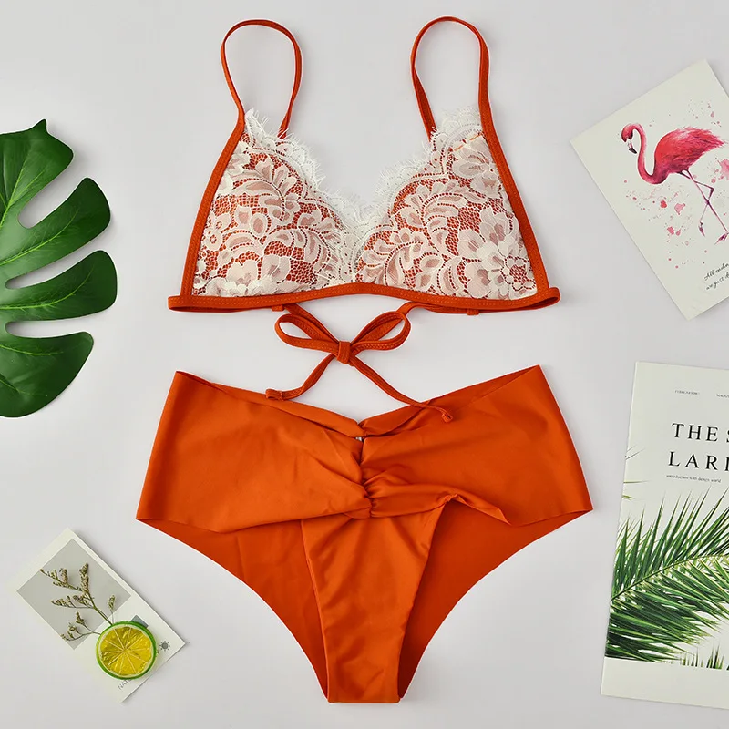 

Wasteheart Summer Orange Sexy Bikini Sets Women Swimsuit Bikini Strapless Swimwear Lace High Waist Bathing Suit Female Bow Print