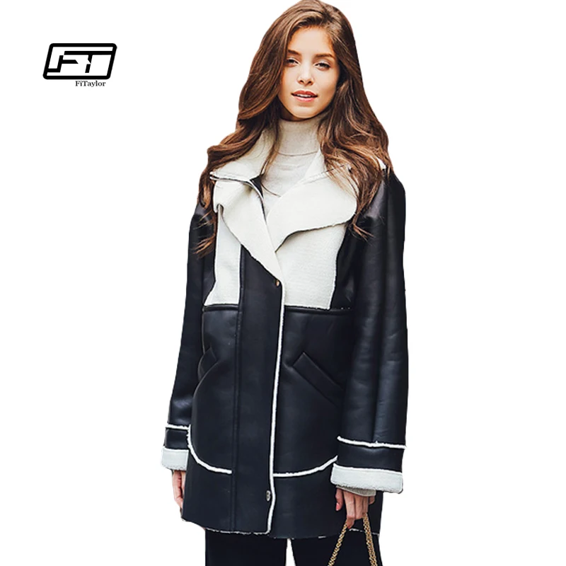 Fitaylor font b Women b font Leather font b Jacket b font European Wool Turn Down