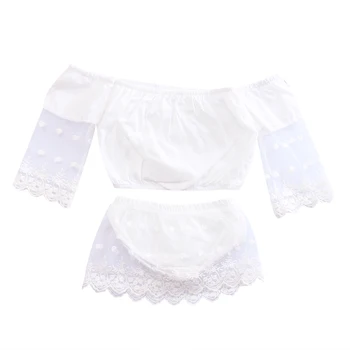 

2017 Summer White Lace Baby Clothes Off should Crop Top+Skirted Bloomers Shorts 2PCS Outfits Princess Children Clothing Set