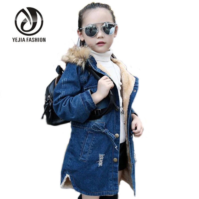 Yejia Fashion Autumn Winter Girl Long Denim Coat Thick Velvet Fur Collar Hooded Jacket Casual Loose
