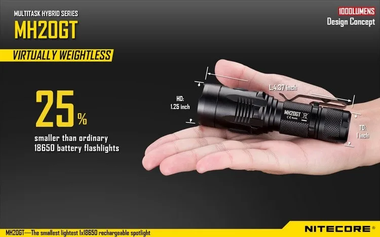 Распродажа! NITECORE MH20GT перезаряжаемый 7 режимов 1000LMs XP-L HI V3 светодиодный водонепроницаемый фонарик без батареи 18650