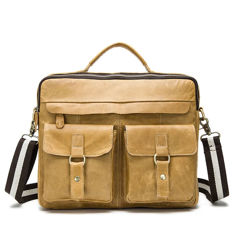 14 дюймов, большой размер, мужская сумка для ноутбука, портфель, Ретро стиль, настоящая воловья кожа, деловая сумка, большая емкость, Crazy House, мужская сумка через плечо, сумочка - Цвет: Oil yellow brown