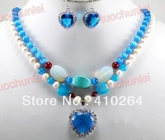 Free Shipping Amazing White PW Pearl Blue Opal Turquoise Crystal Pendants Necklace Earring Set | Украшения и аксессуары