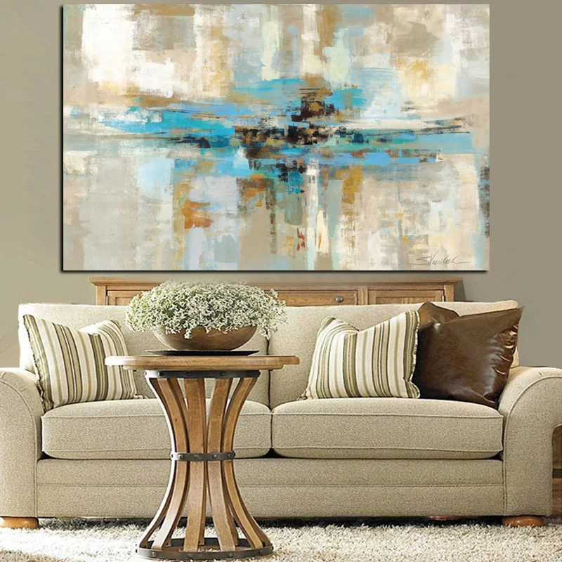 HD Print Wall Art Canvas Light Blue Brown Modern Abstract Oil painting Bedroom Wall Picture for Living Room Sofa Home Decoration (2)